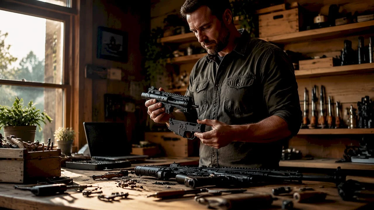 Gunsmith assembling AR-15 rifle components