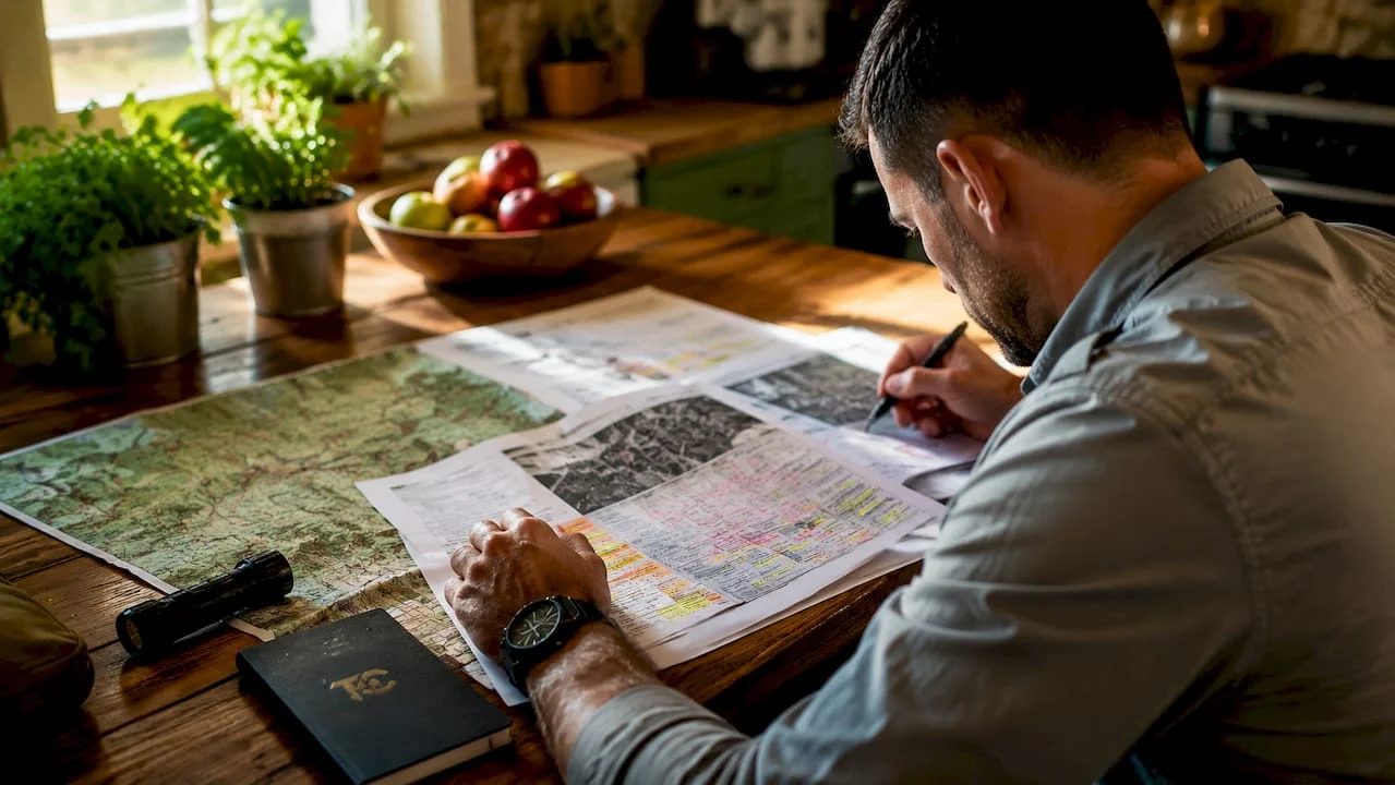 Man reviewing tactical preparedness plan at home desk