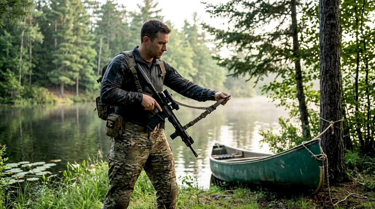 Person adjusting tactical sling on rifle outdoors