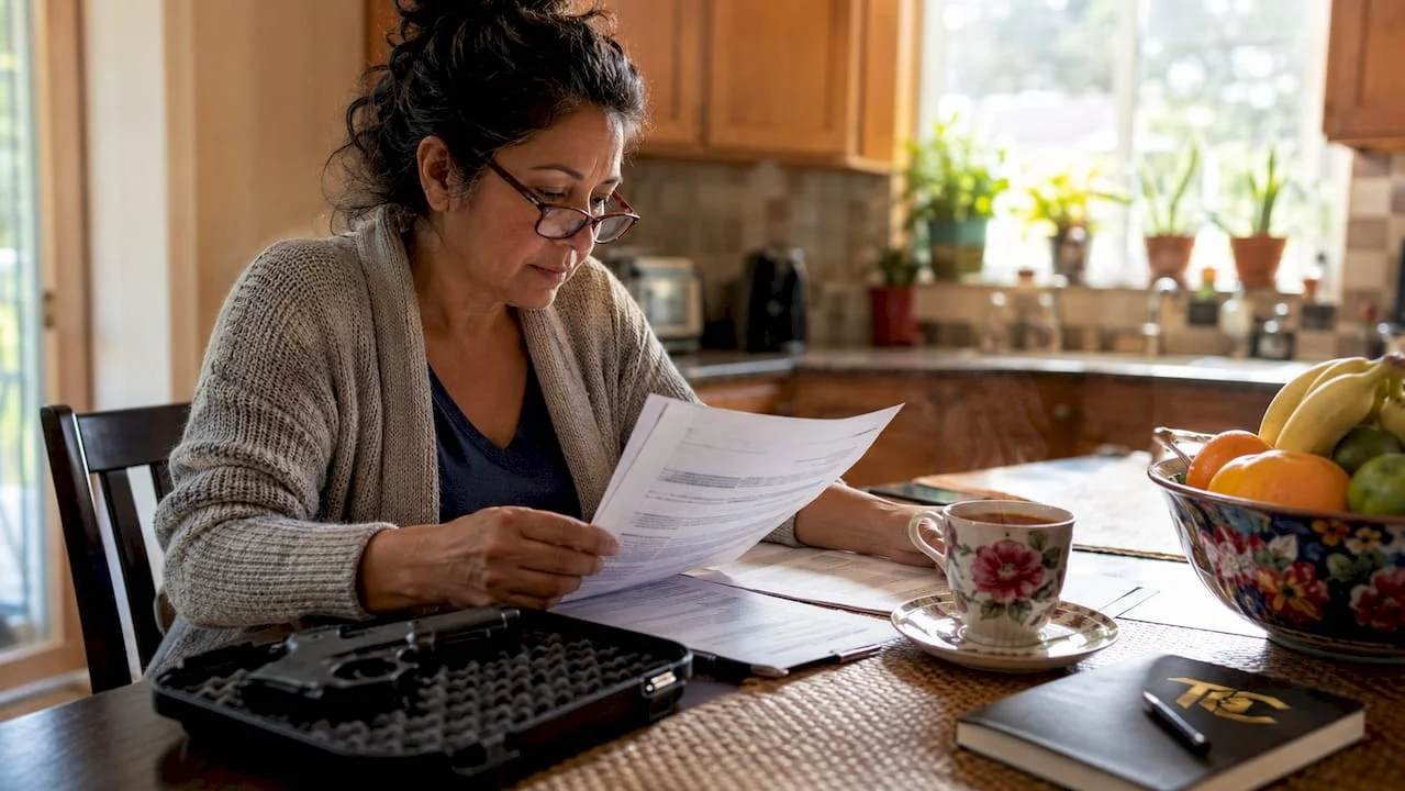 Woman reviewing concealed carry laws at home desk