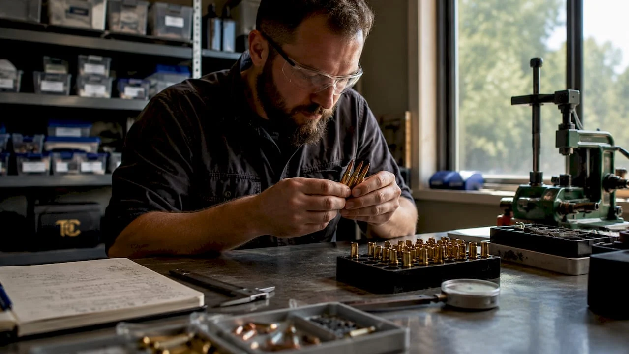 Man inspecting match-grade ammunition components at home workshop
