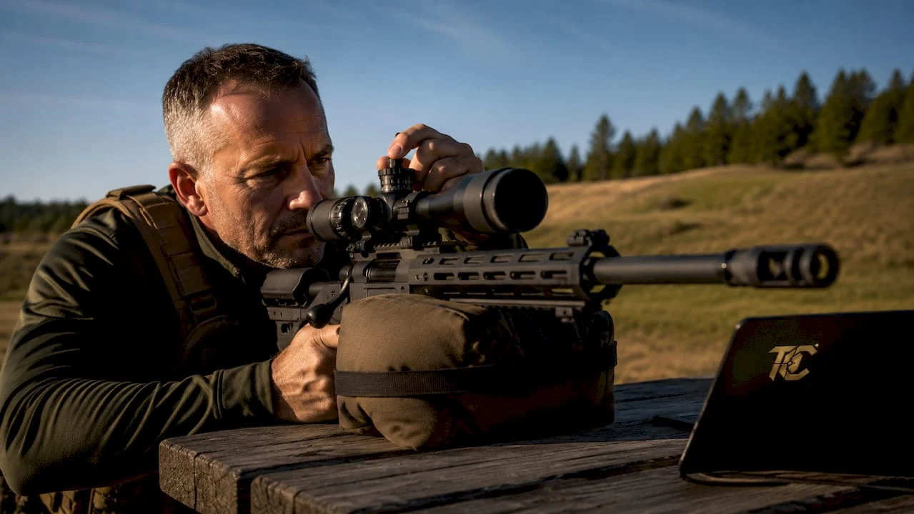 Firearm owner adjusting rifle scope at indoor range