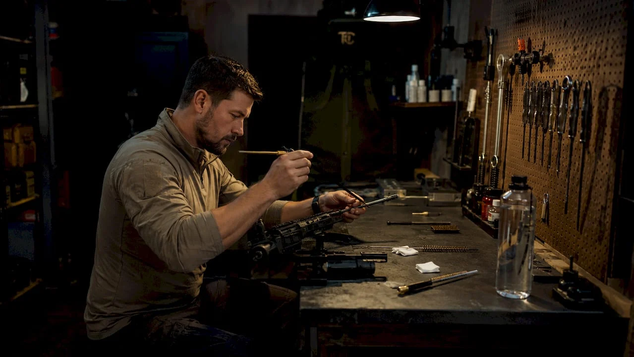 Person cleaning rifle barrel at workbench