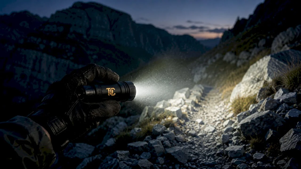 Tactical flashlight beam lighting outdoor trail at night