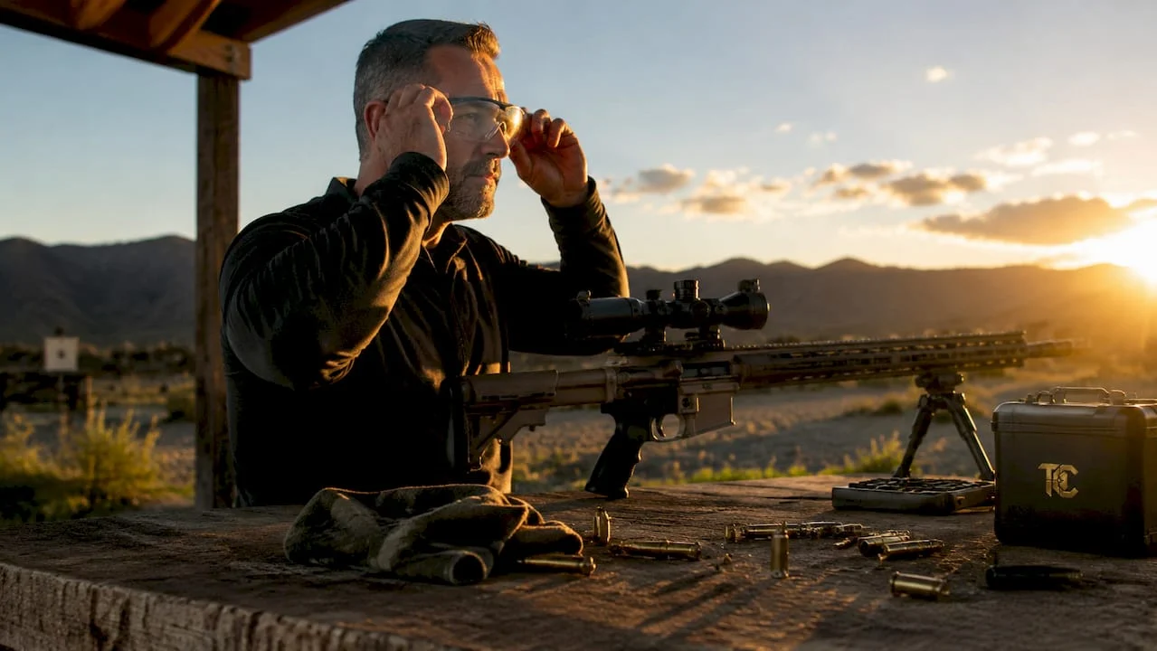 Shooter adjusting UV protective eyewear at range