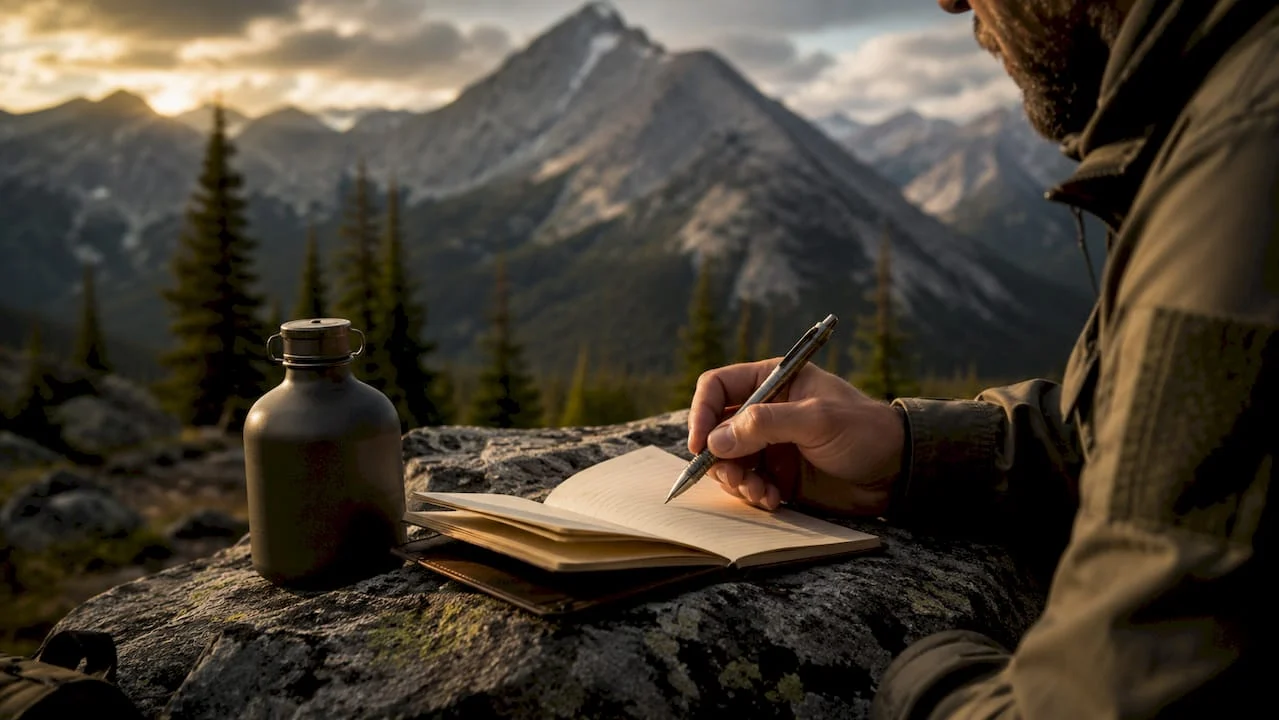 Close-up of hand holding tactical pen outdoors