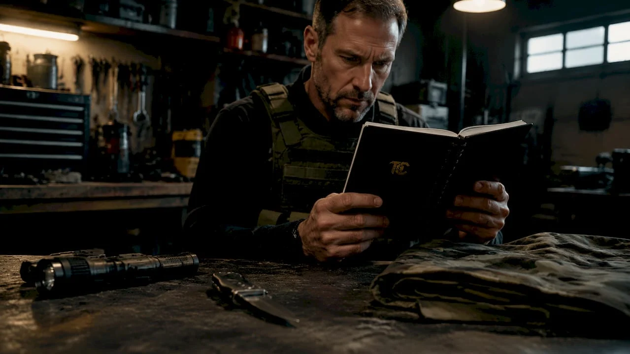 Man browsing tactical gear on tablet