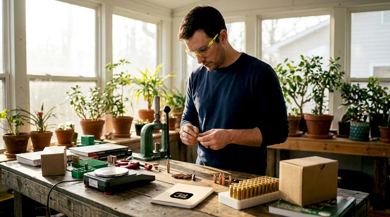 Man examining ammunition on workshop table