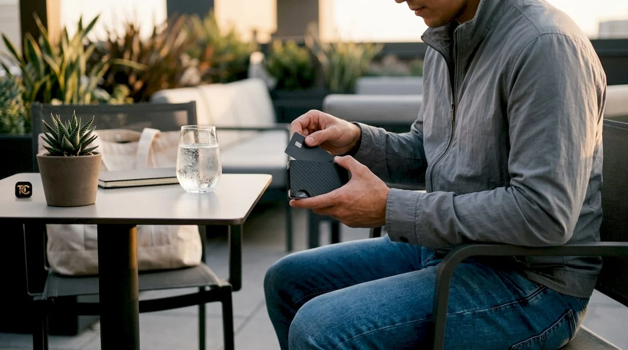 Person holding a compact tactical wallet at kitchen table