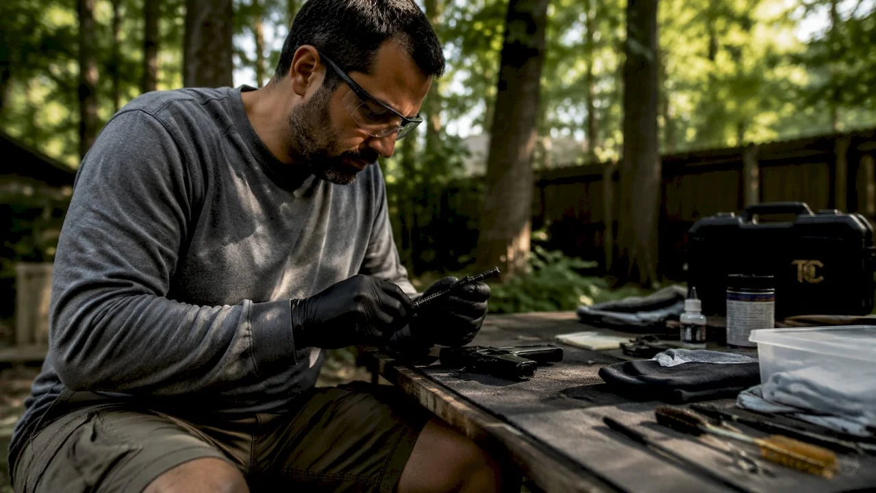 Man cleaning firearm at workbench
