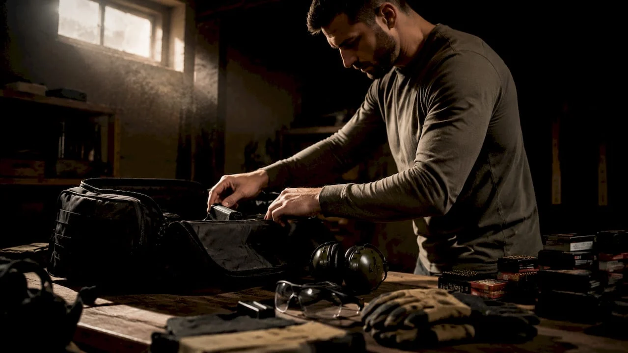 Man organizing shooting range bag gear