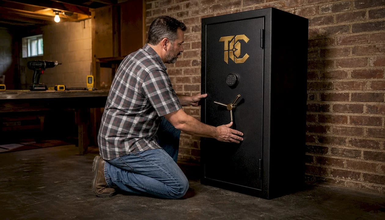 Man positioning gun safe in room corner