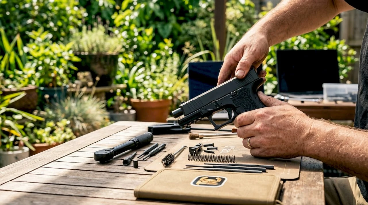 Hands adjusting modern polymer-framed handgun