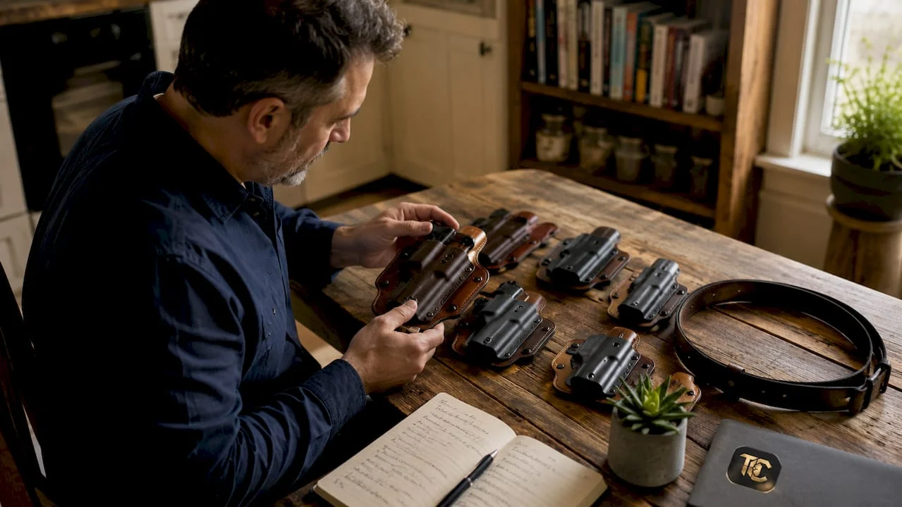 Man examining hybrid holsters on desk