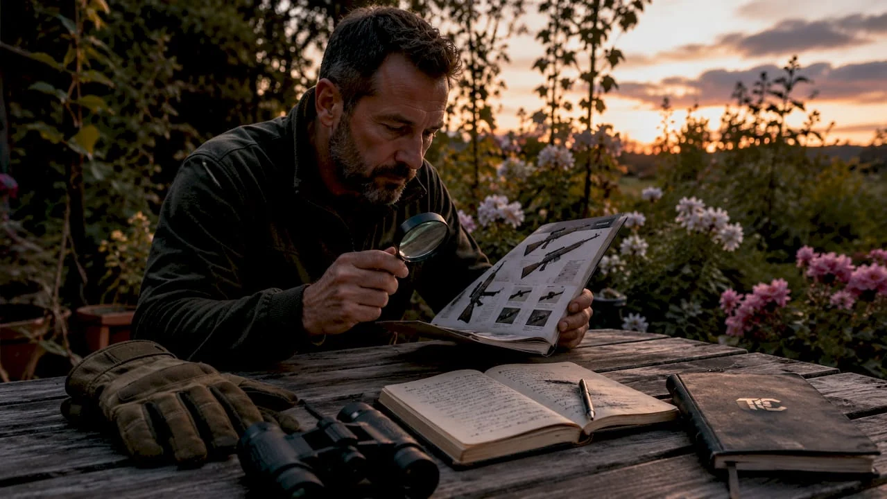 Man reviewing firearm catalog and tactical gear