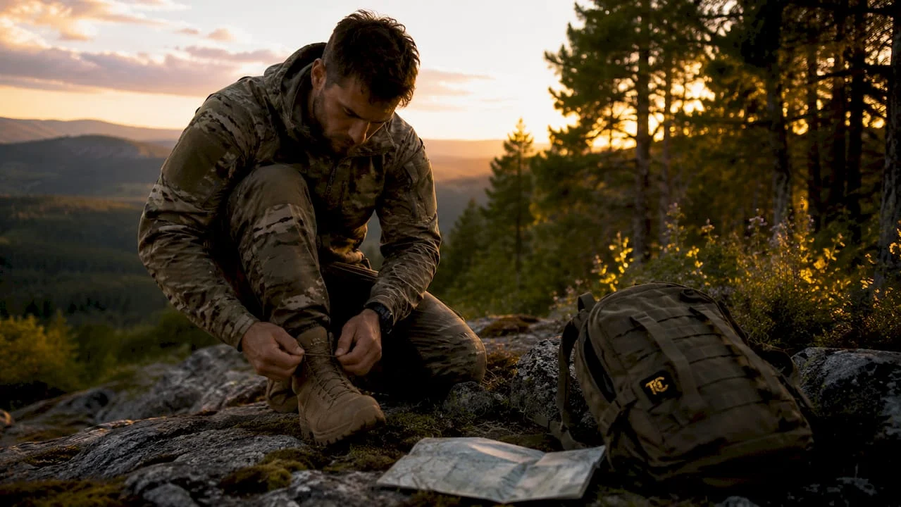 Soldier lacing tactical boots outdoors on rugged terrain.