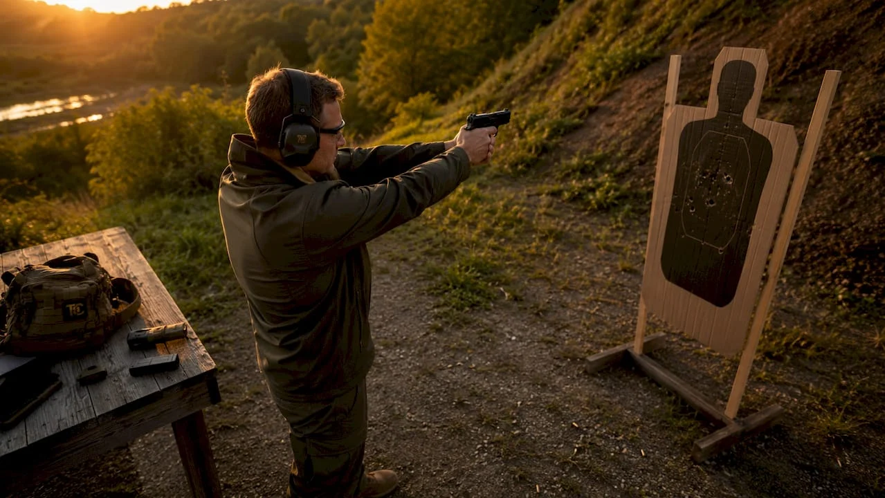 Man practicing shot placement at indoor shooting range