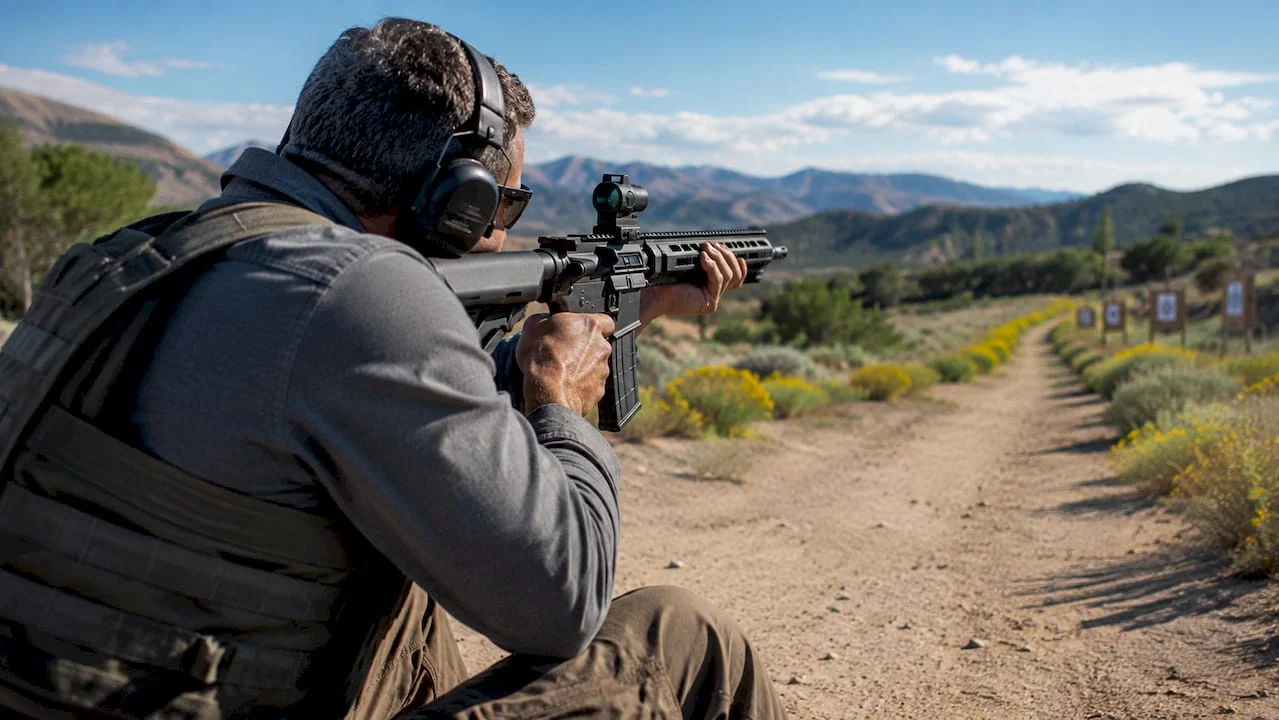Man aiming rifle with red dot sight outdoors