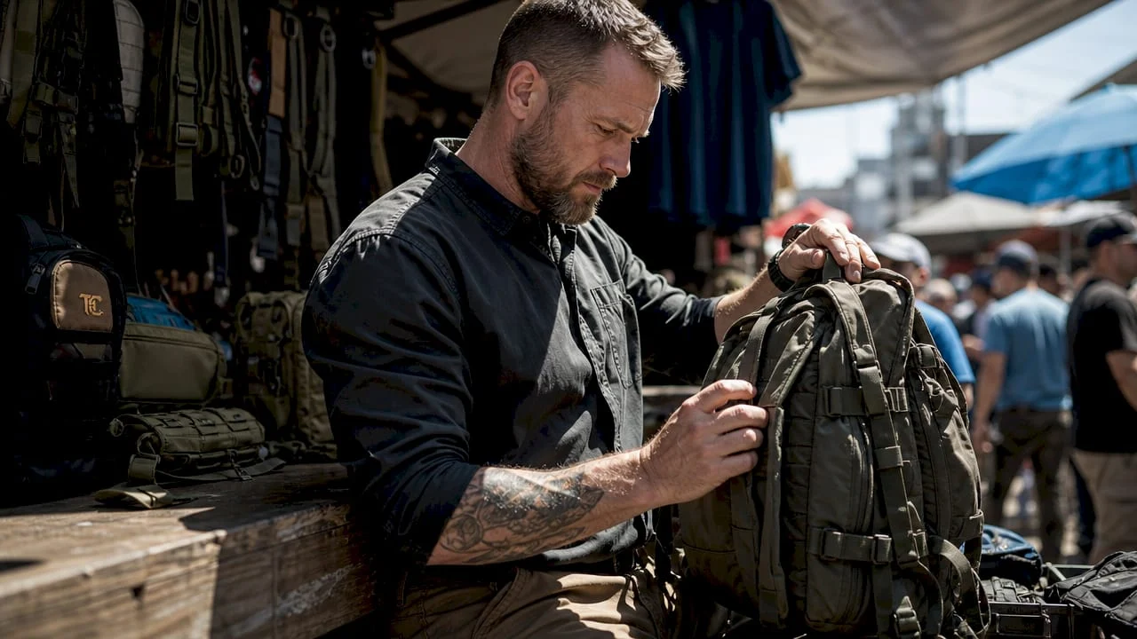 Specialist inspecting mil-spec tactical backpack indoors
