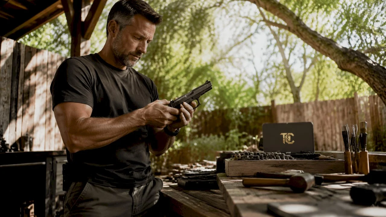 Man inspecting firearm manual safety on pistol