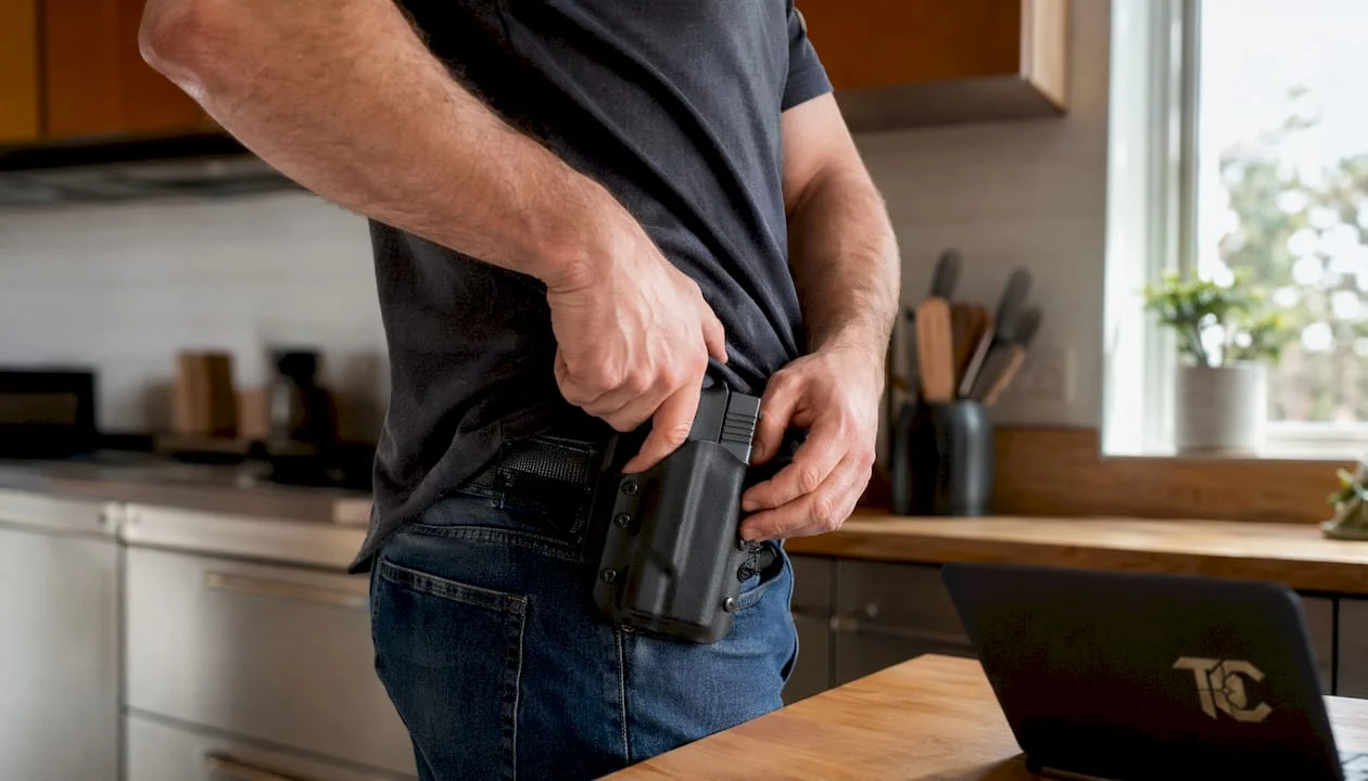 Close-up of person adjusting firearm holster securely