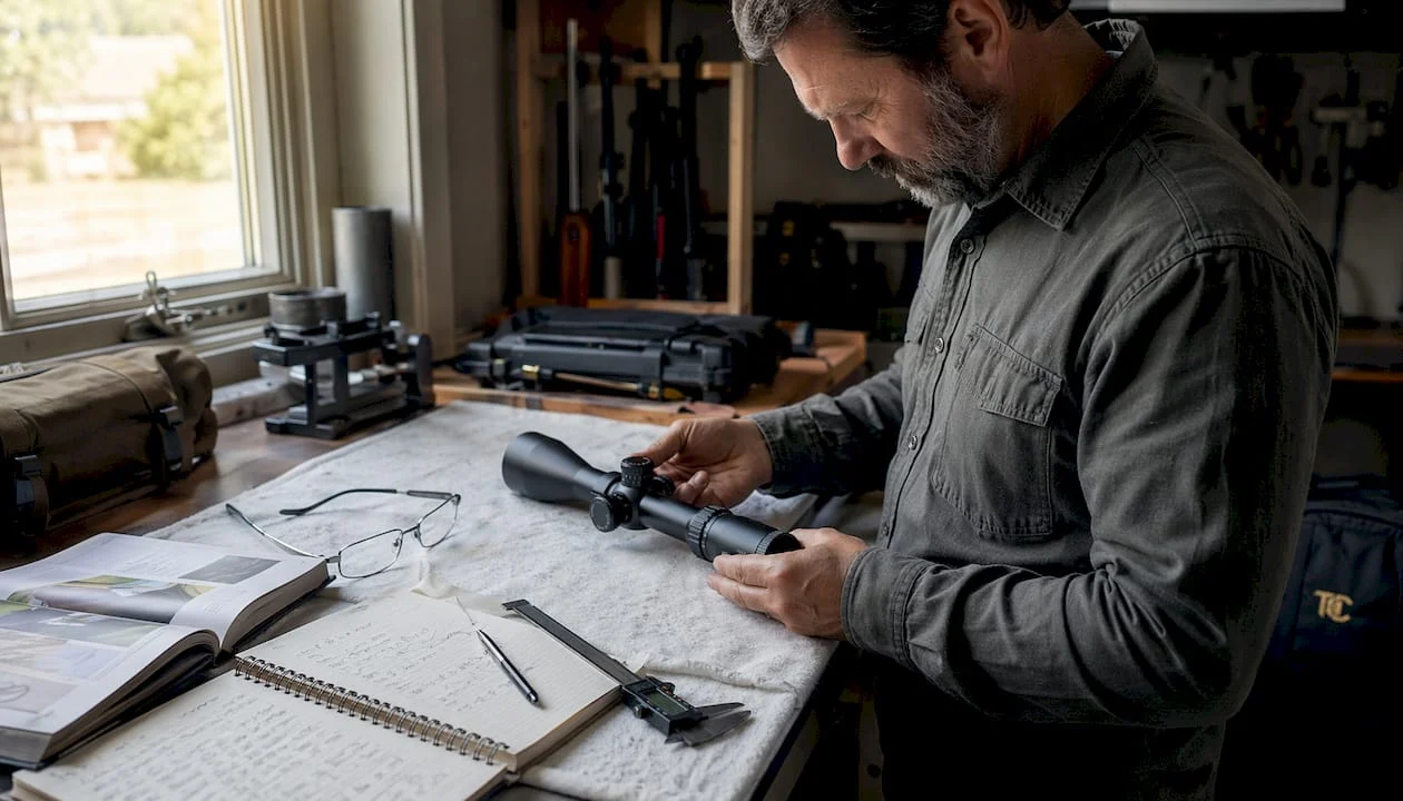 Man inspecting rifle scope indoors at table