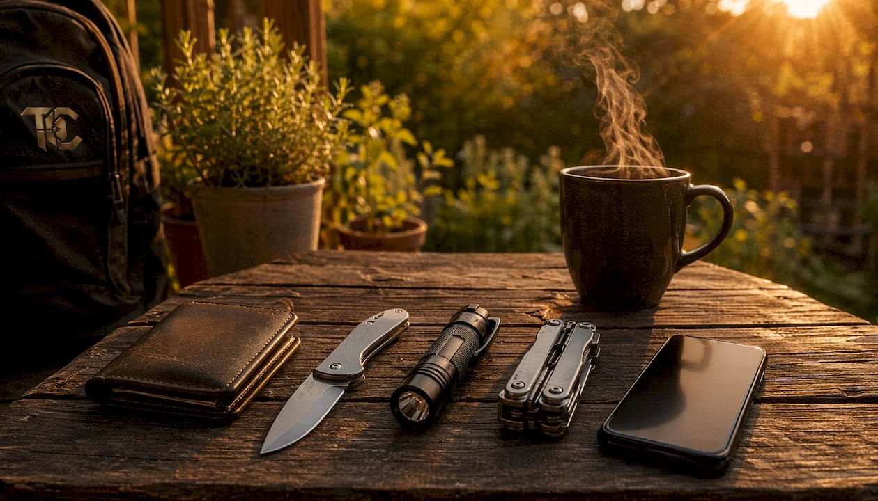 Top-down view of essential everyday carry gear on table