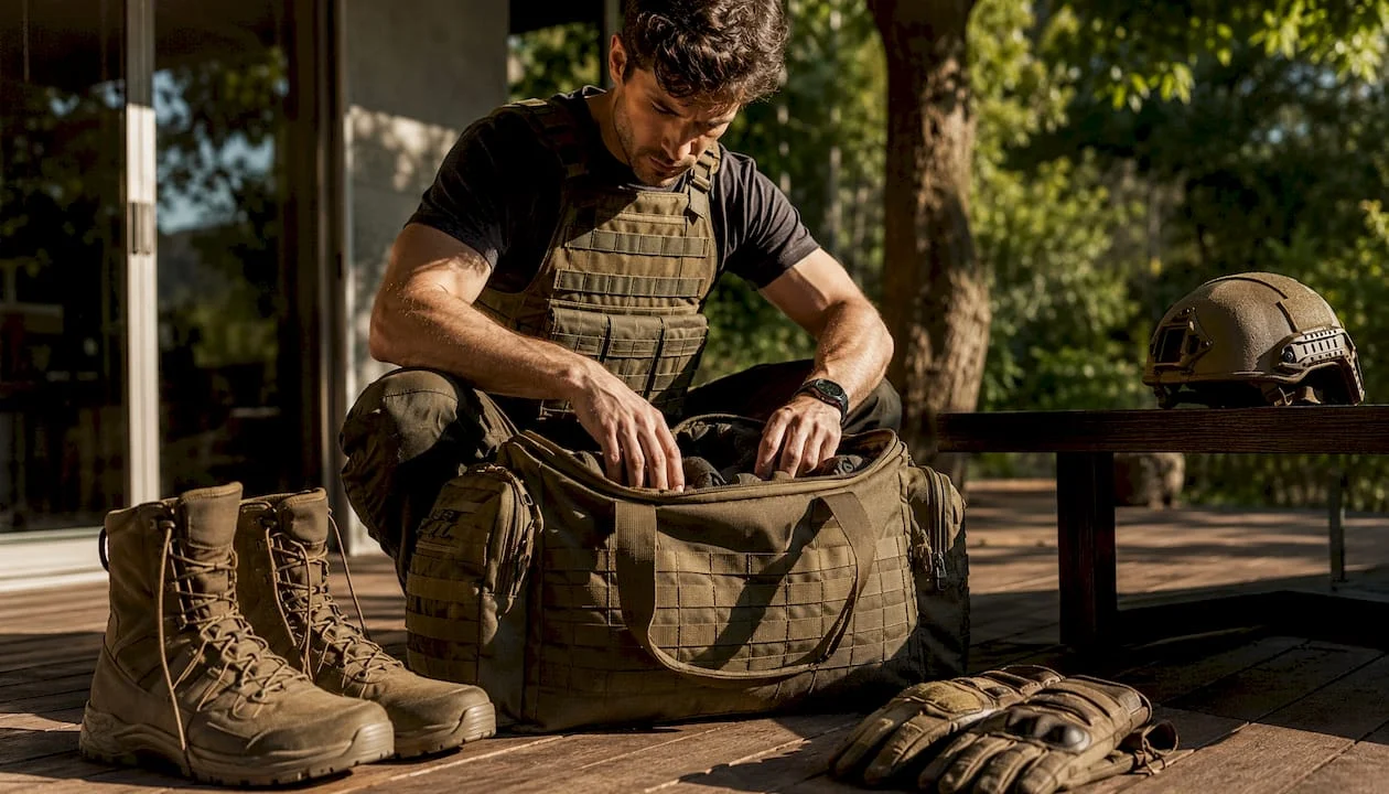 Man packing tactical duffle bag in garage