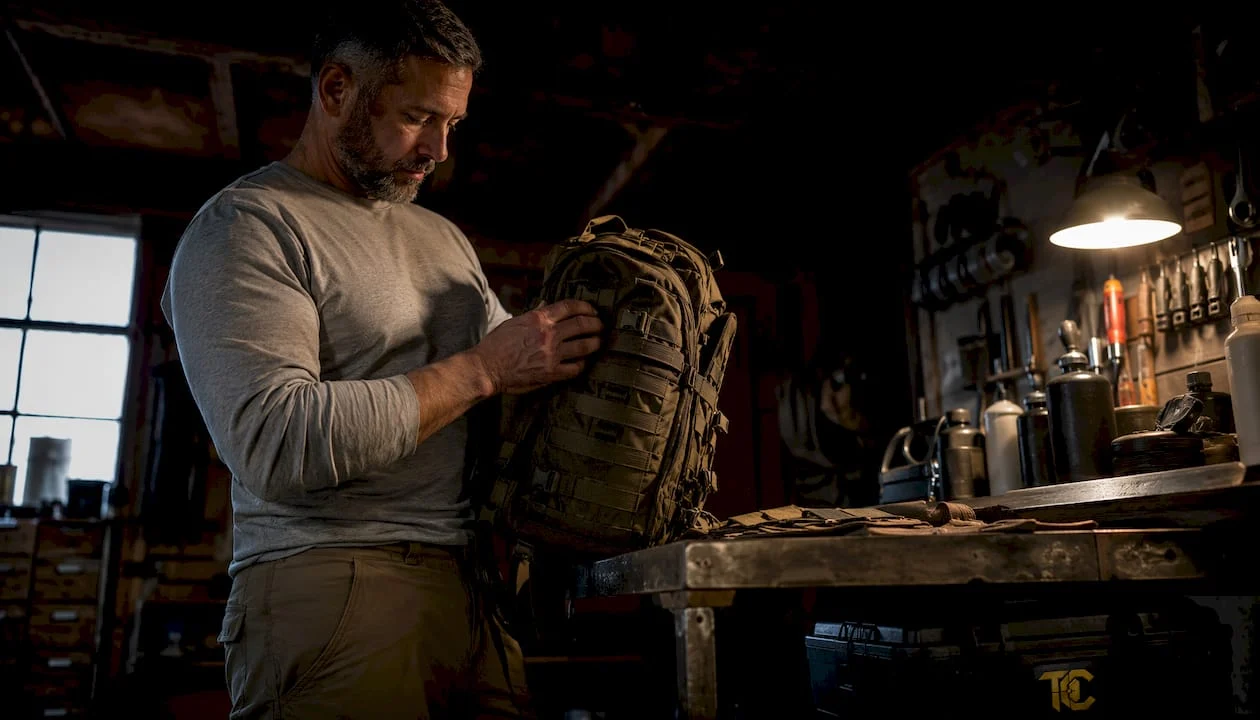 Man inspecting tactical gear for damage