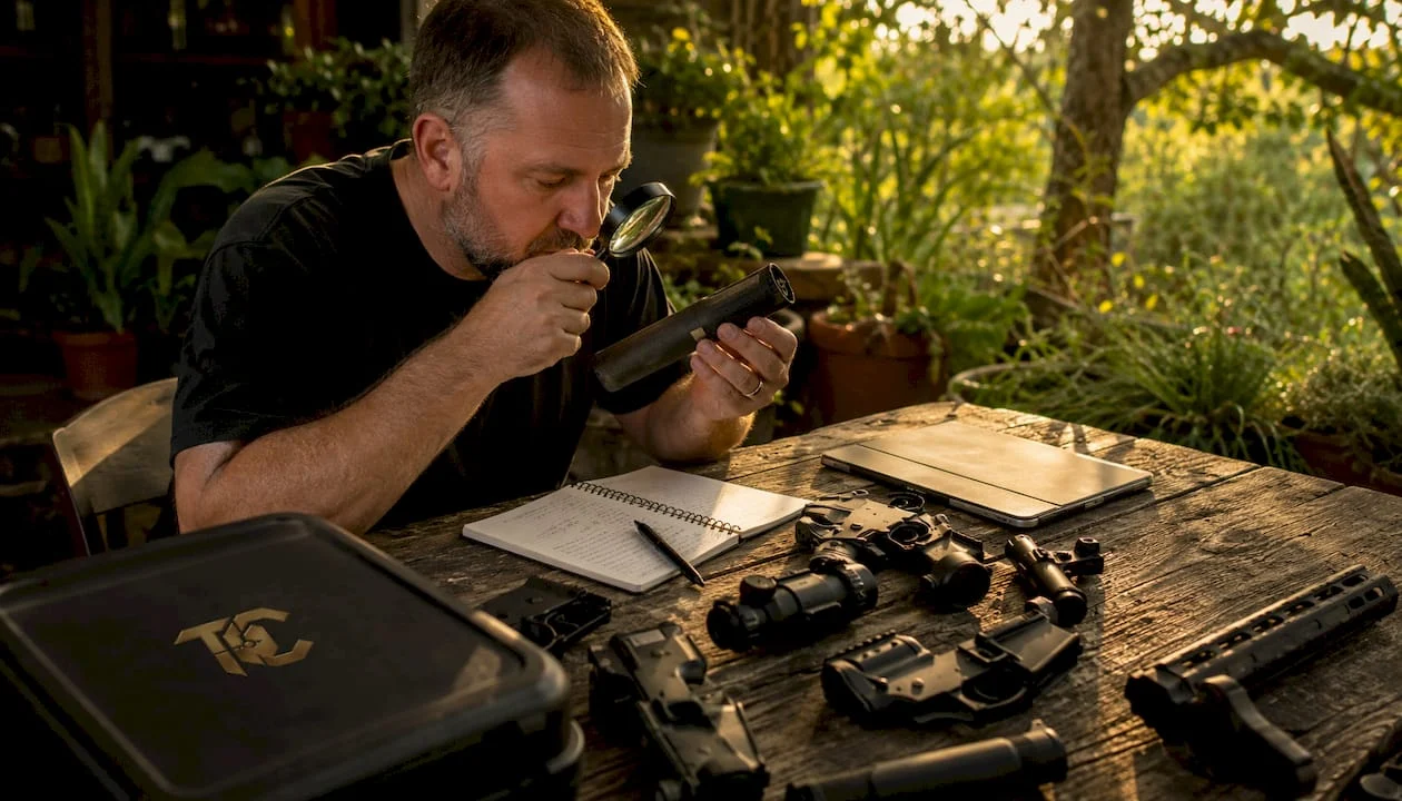 Man inspecting serialized firearm accessories