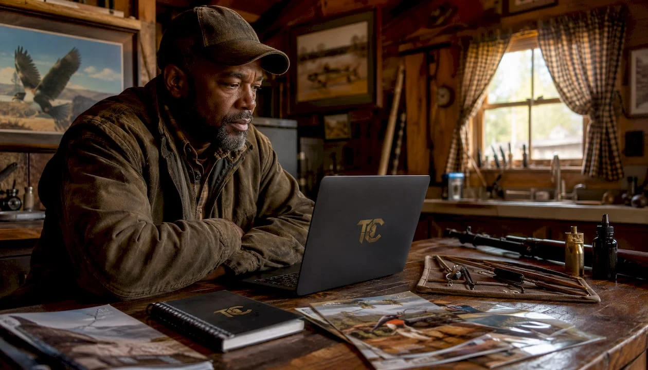 Man reviewing online hunting gear alternatives