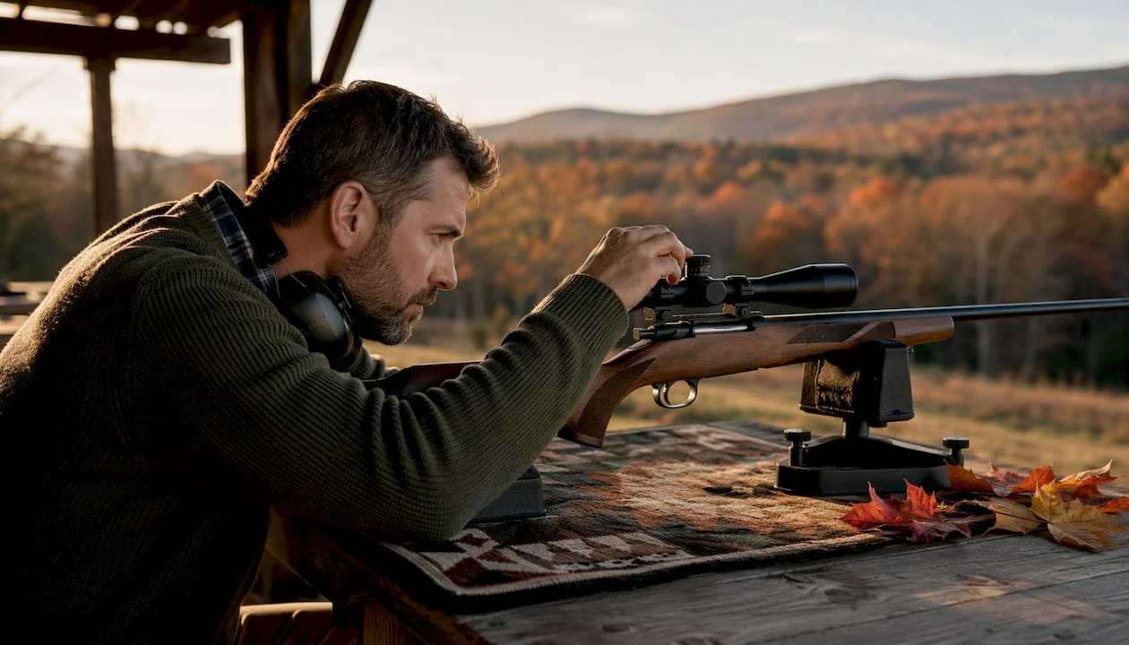 Man adjusting rifle scope at outdoor shooting range