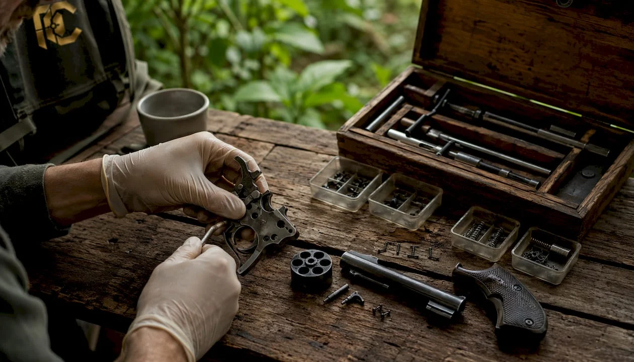 Hands assembling double-action revolver parts