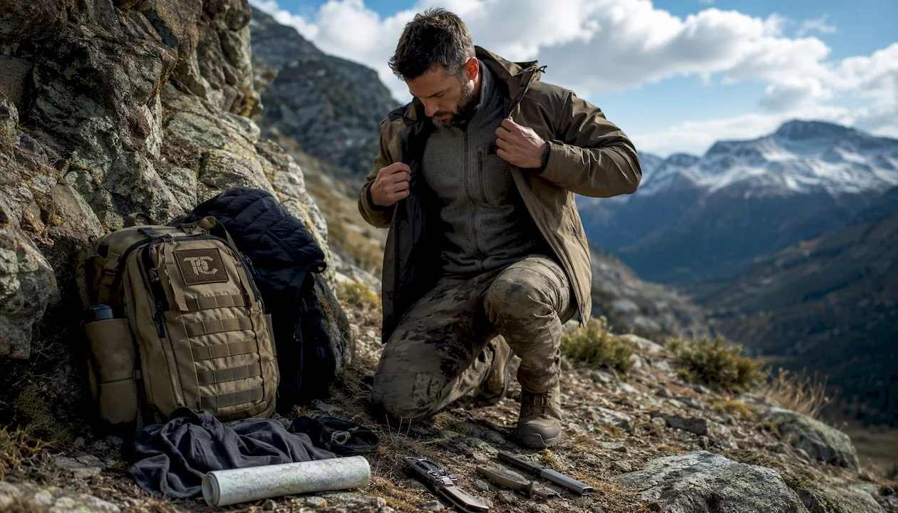 Operator preparing tactical layering outdoors
