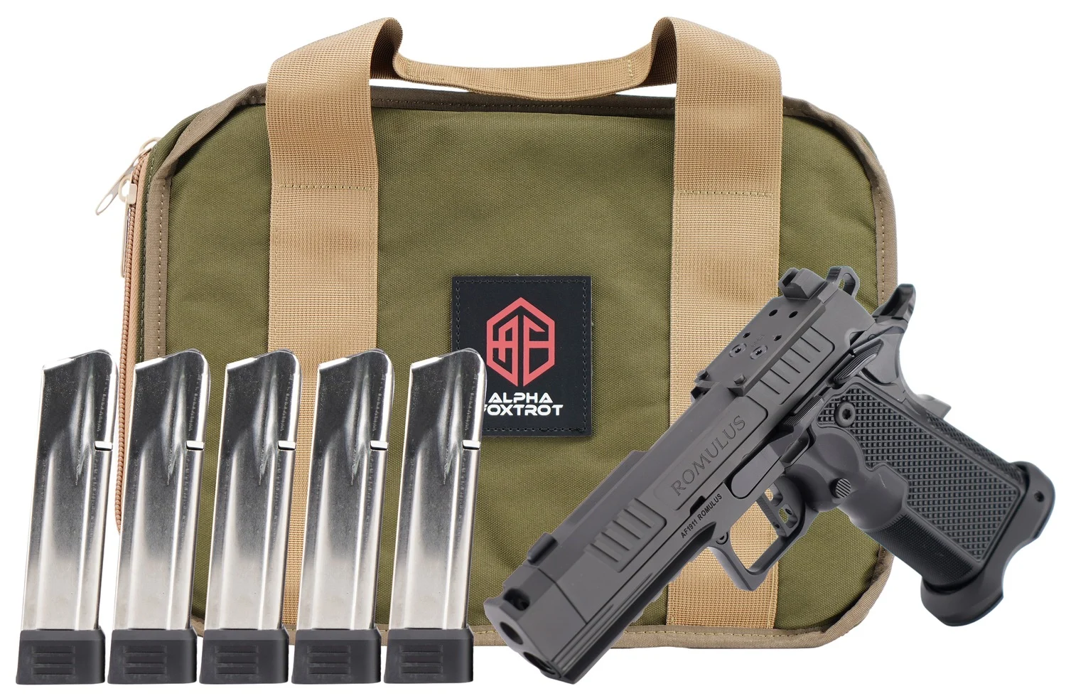 Alpha Foxtrot AA47X1QIG-XDBK20-PROM AF1911 Romulus Promo 9mm Luger 20+1 3.50" Black DLC Threaded Compensated Barrel, Black DLC Stainless Steel Optic Ready/Serrated Slide & Frame w/Beavertail & Picatin - Alpha Foxtrot